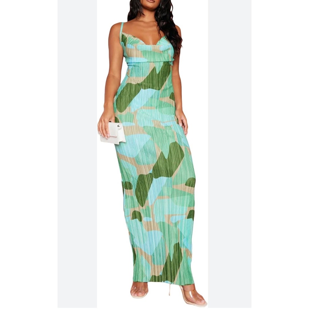 Micas Pleated Maxi Dress Cowl Neck Abstract Print Green Blue Strappy Size M‎ NWT